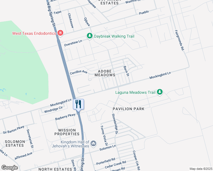 map of restaurants, bars, coffee shops, grocery stores, and more near 5608 Rodeo Street in Midland
