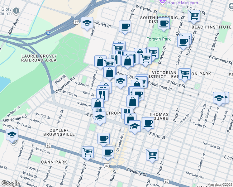 map of restaurants, bars, coffee shops, grocery stores, and more near 217 West 33rd Street in Savannah