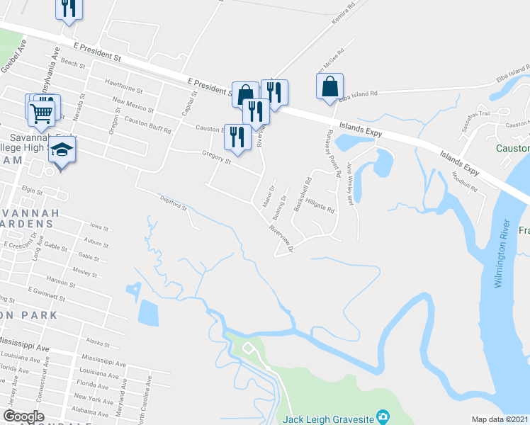 map of restaurants, bars, coffee shops, grocery stores, and more near 342 Manor Drive in Savannah