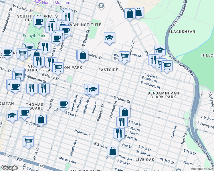 map of restaurants, bars, coffee shops, grocery stores, and more near 768 East Duffy Street in Savannah