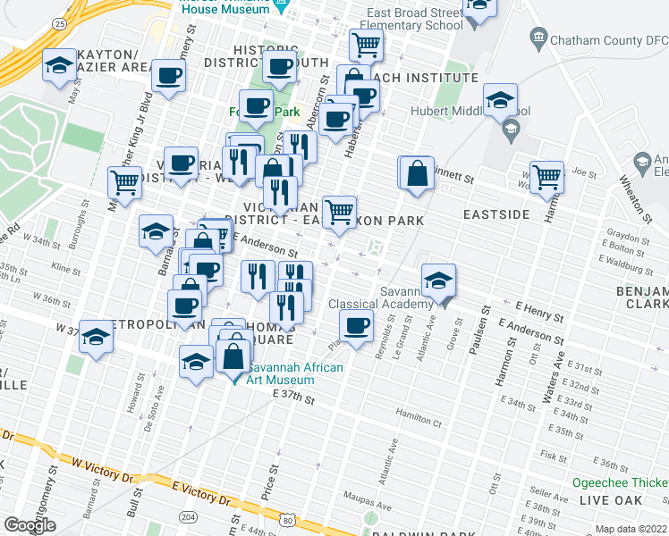 map of restaurants, bars, coffee shops, grocery stores, and more near E Anderson St & Price St in Savannah