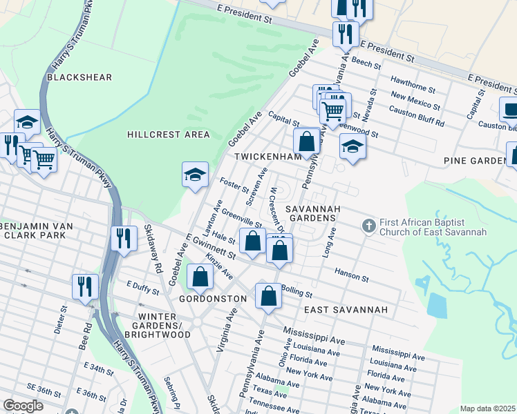 map of restaurants, bars, coffee shops, grocery stores, and more near 1806 Screven Place in Savannah