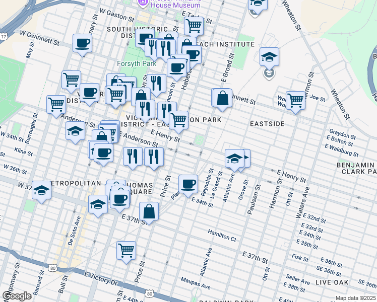 map of restaurants, bars, coffee shops, grocery stores, and more near 530 East Anderson Street in Savannah