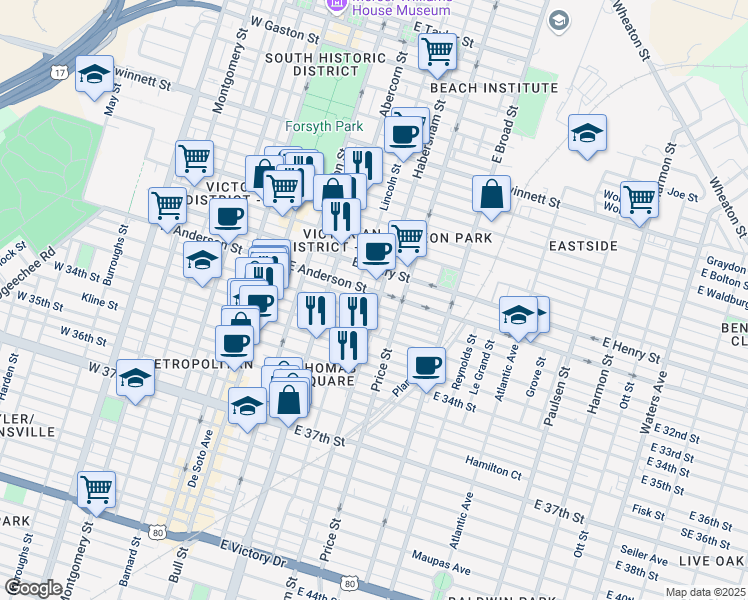 map of restaurants, bars, coffee shops, grocery stores, and more near 308 East 31st Street in Savannah
