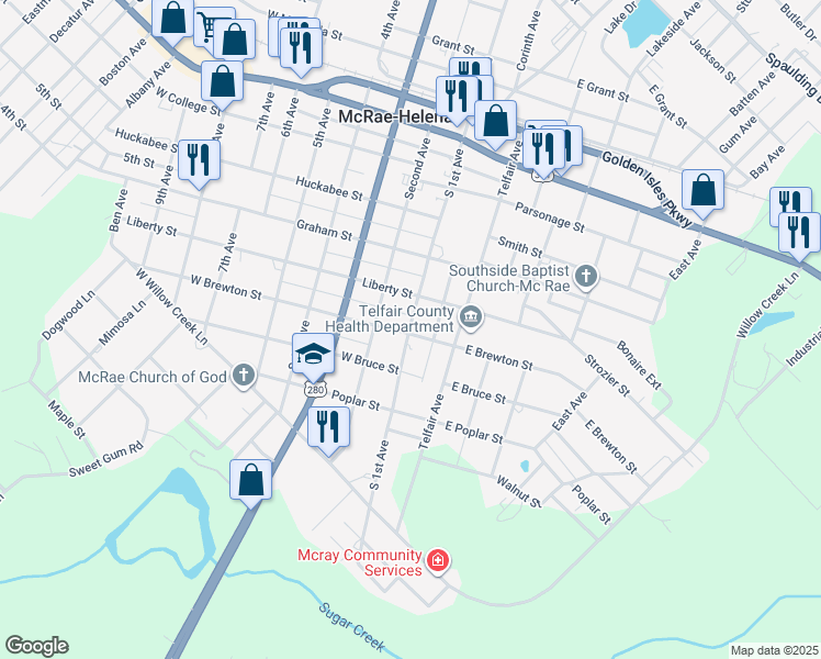 map of restaurants, bars, coffee shops, grocery stores, and more near 35 East Brewton Street in McRae-Helena