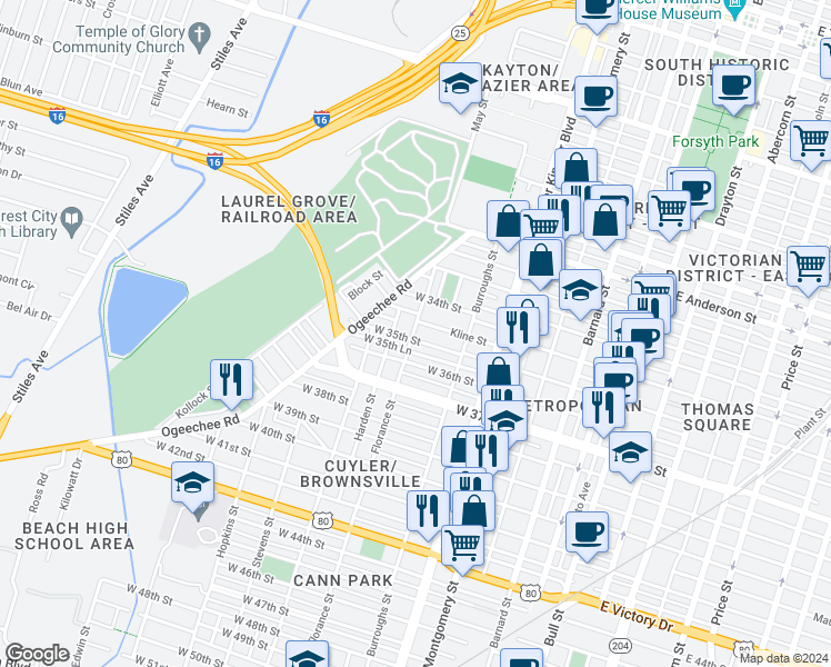 map of restaurants, bars, coffee shops, grocery stores, and more near 1826 Florance Street in Savannah