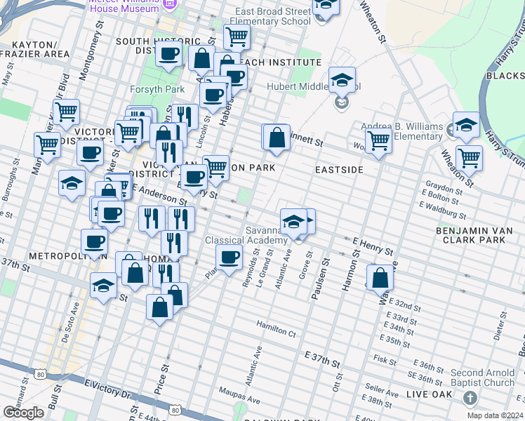 map of restaurants, bars, coffee shops, grocery stores, and more near 617 East Henry Street in Savannah