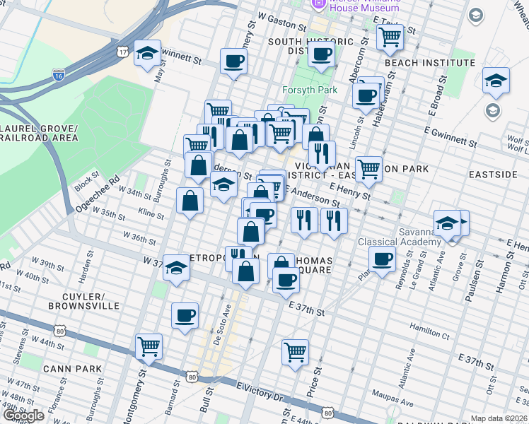 map of restaurants, bars, coffee shops, grocery stores, and more near 1523 Bull Street in Savannah