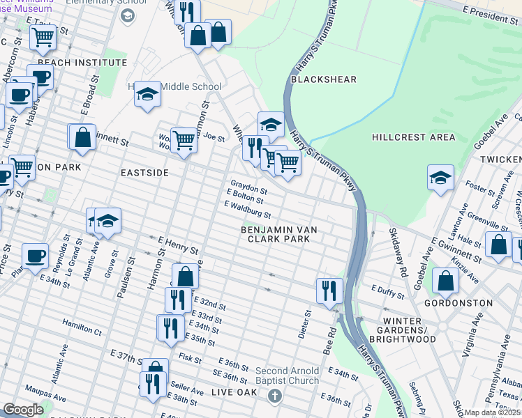 map of restaurants, bars, coffee shops, grocery stores, and more near 1214 East Waldburg Street in Savannah