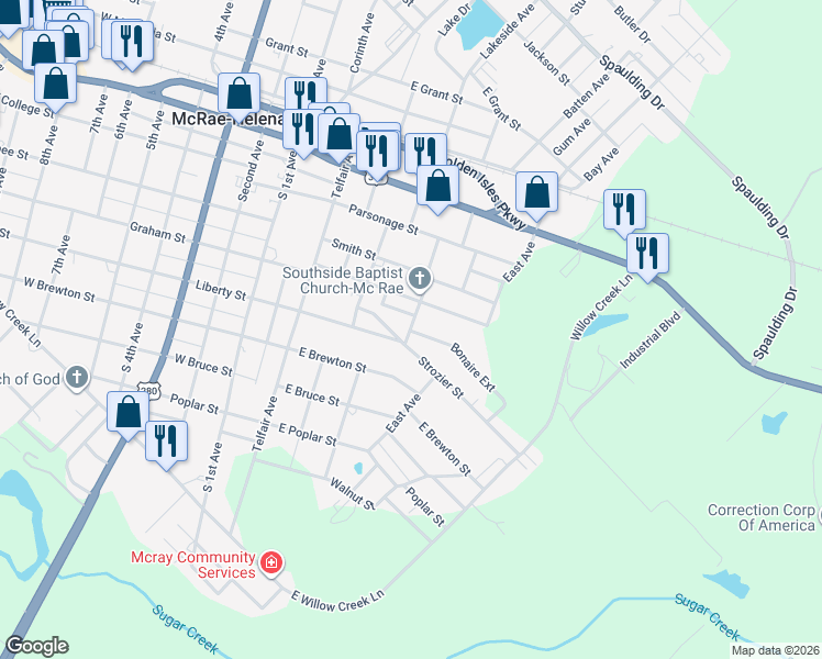 map of restaurants, bars, coffee shops, grocery stores, and more near 19 Strozier Street in McRae-Helena