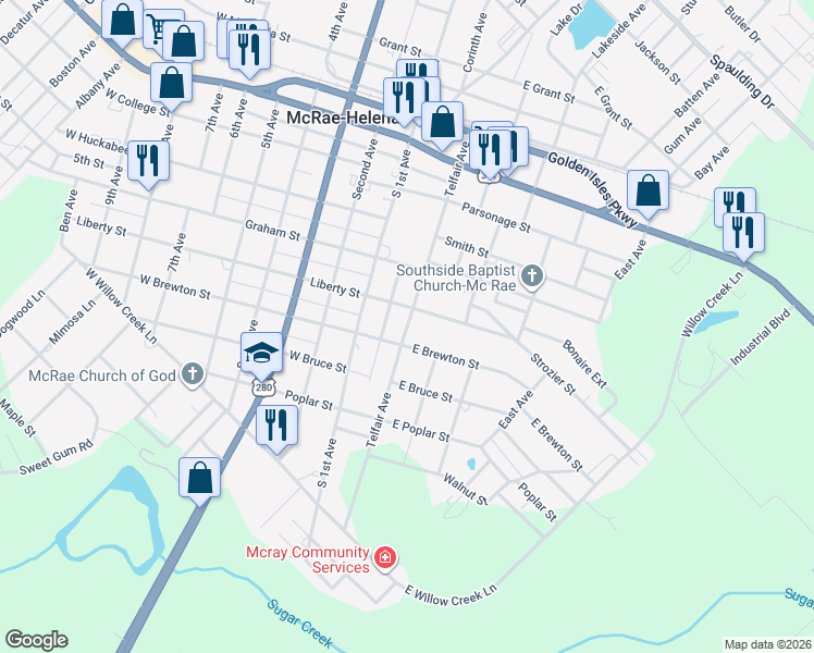 map of restaurants, bars, coffee shops, grocery stores, and more near Telfair Avenue in McRae