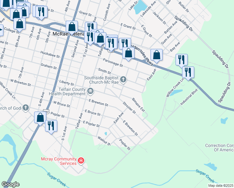 map of restaurants, bars, coffee shops, grocery stores, and more near 19 Strozier Street in McRae-Helena