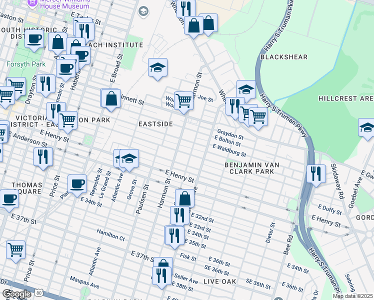 map of restaurants, bars, coffee shops, grocery stores, and more near 916 East Park Avenue in Savannah