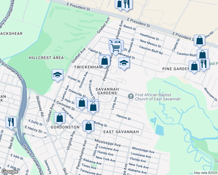 map of restaurants, bars, coffee shops, grocery stores, and more near in Savannah