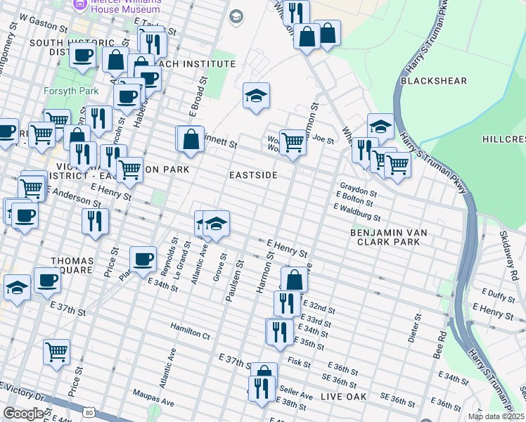 map of restaurants, bars, coffee shops, grocery stores, and more near 815 East Park Avenue in Savannah