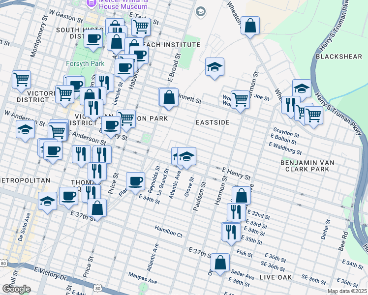 map of restaurants, bars, coffee shops, grocery stores, and more near 705 East Duffy Street in Savannah