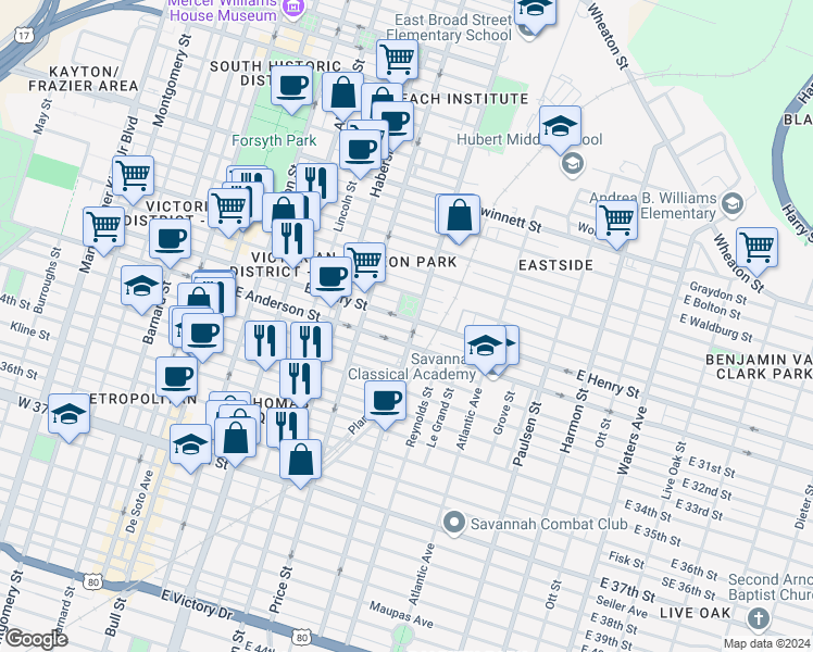 map of restaurants, bars, coffee shops, grocery stores, and more near 530 East Anderson Street in Savannah