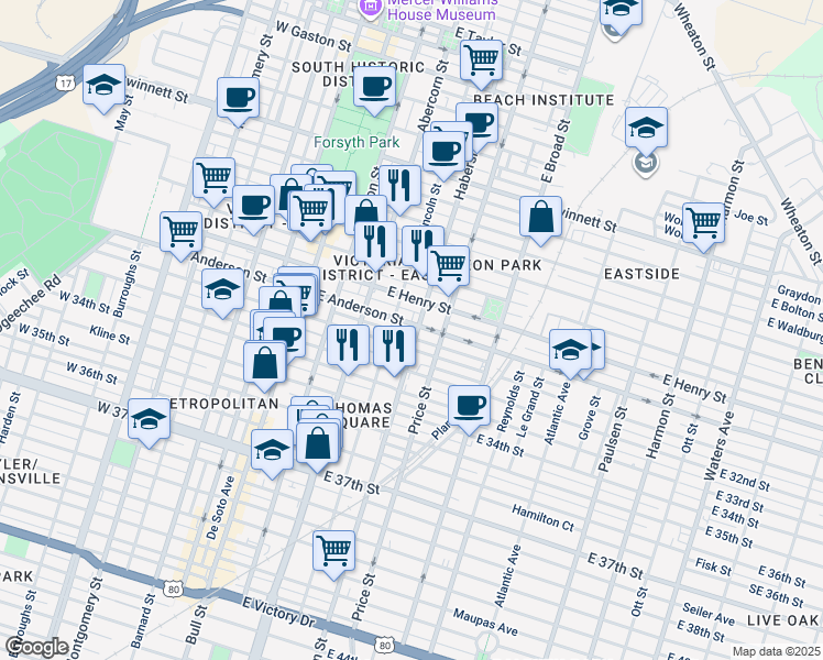 map of restaurants, bars, coffee shops, grocery stores, and more near 308 East 31st Street in Savannah