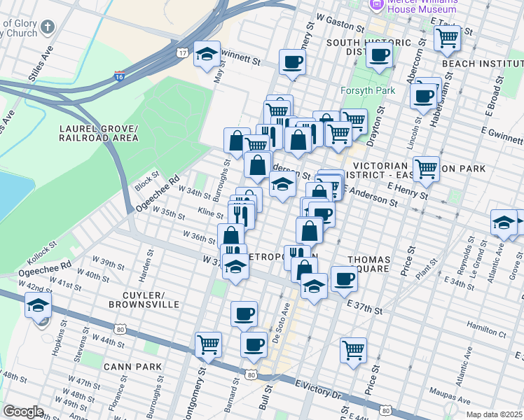 map of restaurants, bars, coffee shops, grocery stores, and more near 215 West 33rd Street in Savannah