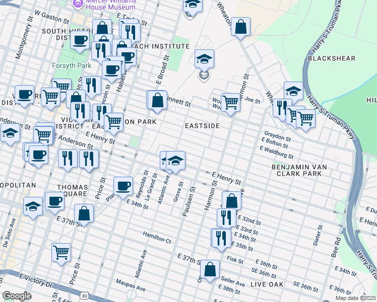 map of restaurants, bars, coffee shops, grocery stores, and more near 752 East Duffy Street in Savannah