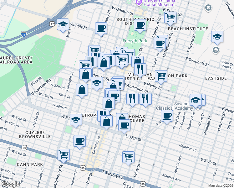 map of restaurants, bars, coffee shops, grocery stores, and more near 1523 Bull Street in Savannah