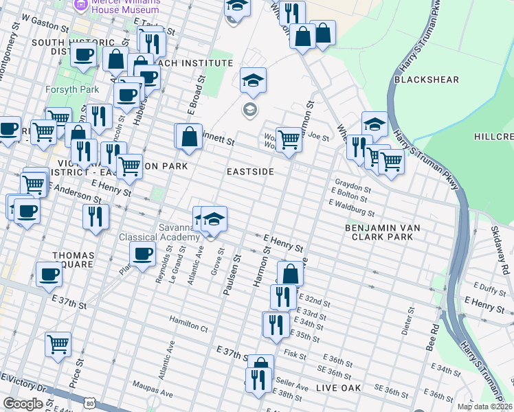 map of restaurants, bars, coffee shops, grocery stores, and more near 815 East Park Avenue in Savannah