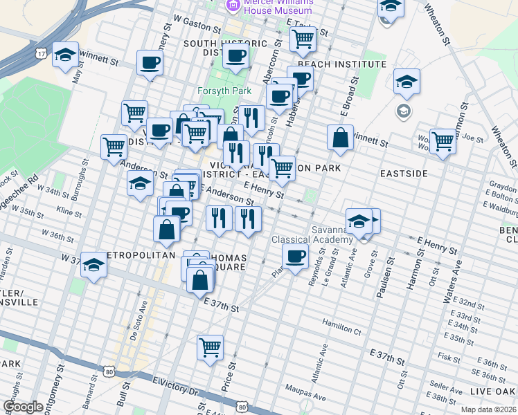 map of restaurants, bars, coffee shops, grocery stores, and more near 308 East 31st Street in Savannah