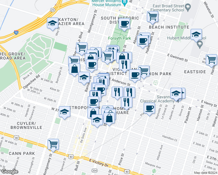 map of restaurants, bars, coffee shops, grocery stores, and more near 17 East 31st Street in Savannah