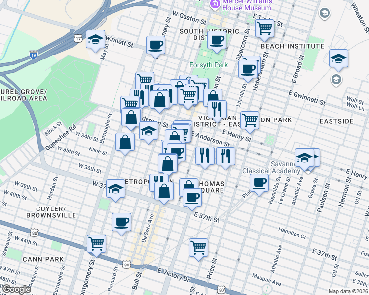 map of restaurants, bars, coffee shops, grocery stores, and more near 1512 Bull Street in Savannah