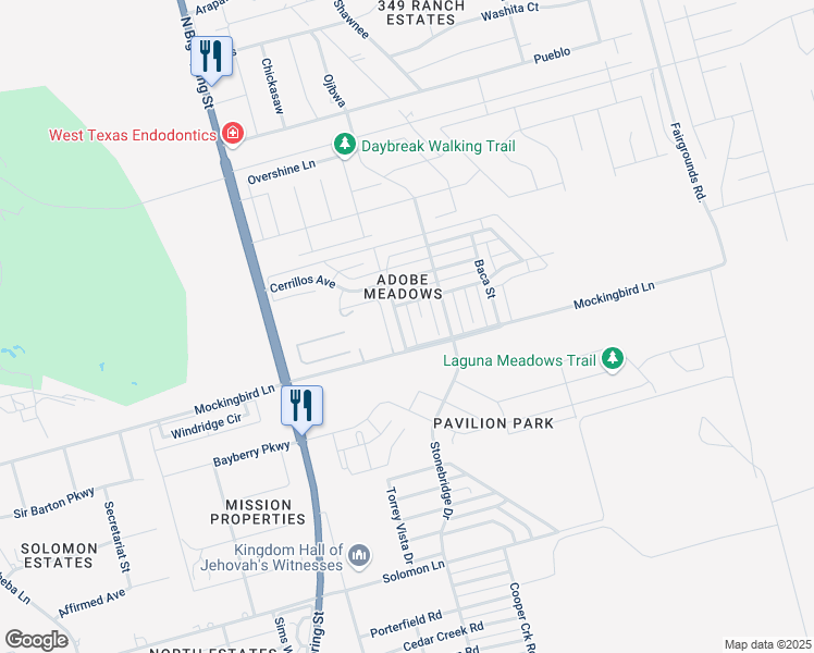 map of restaurants, bars, coffee shops, grocery stores, and more near 5608 Rodeo Street in Midland