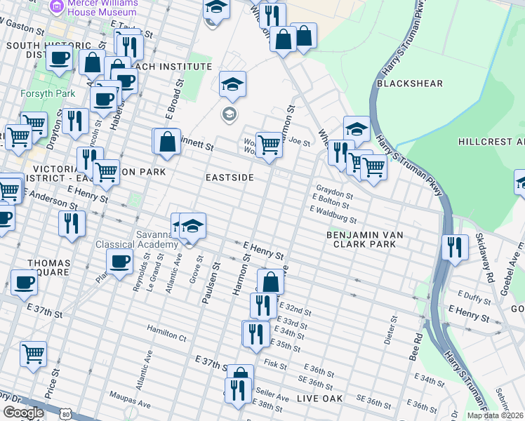 map of restaurants, bars, coffee shops, grocery stores, and more near 916 East Park Avenue in Savannah