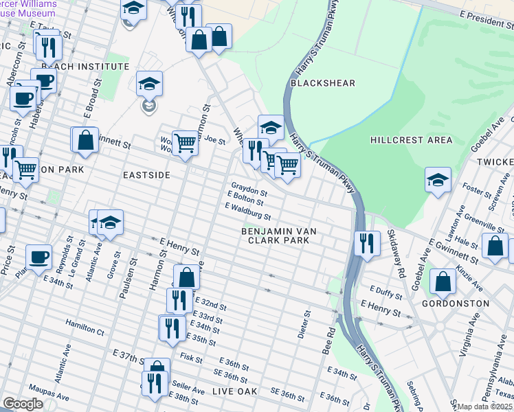 map of restaurants, bars, coffee shops, grocery stores, and more near 1214 East Waldburg Street in Savannah