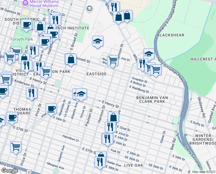 map of restaurants, bars, coffee shops, grocery stores, and more near 815 East Park Avenue in Savannah