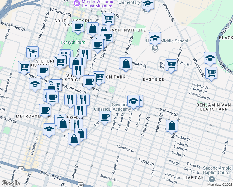 map of restaurants, bars, coffee shops, grocery stores, and more near 613 East Henry Street in Savannah