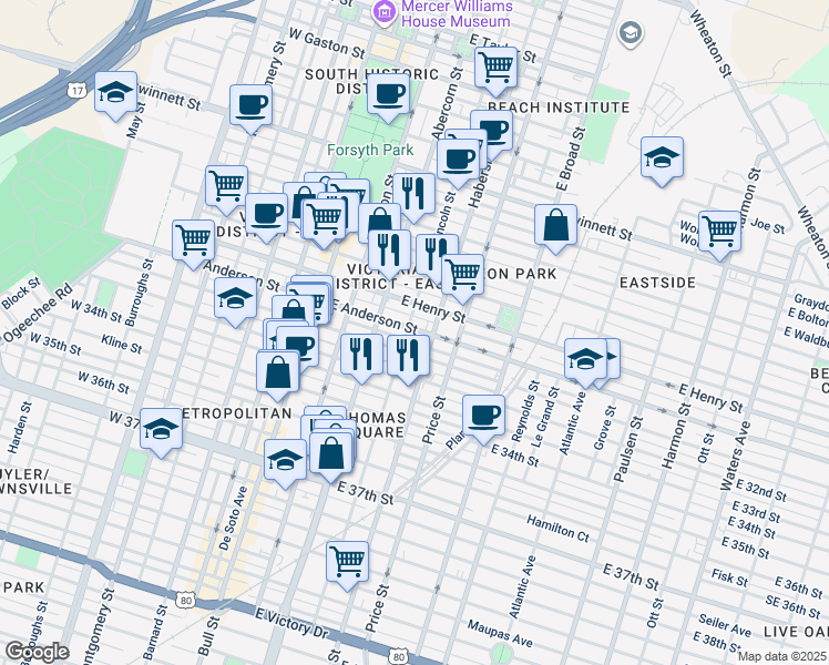 map of restaurants, bars, coffee shops, grocery stores, and more near 308 East 31st Street in Savannah