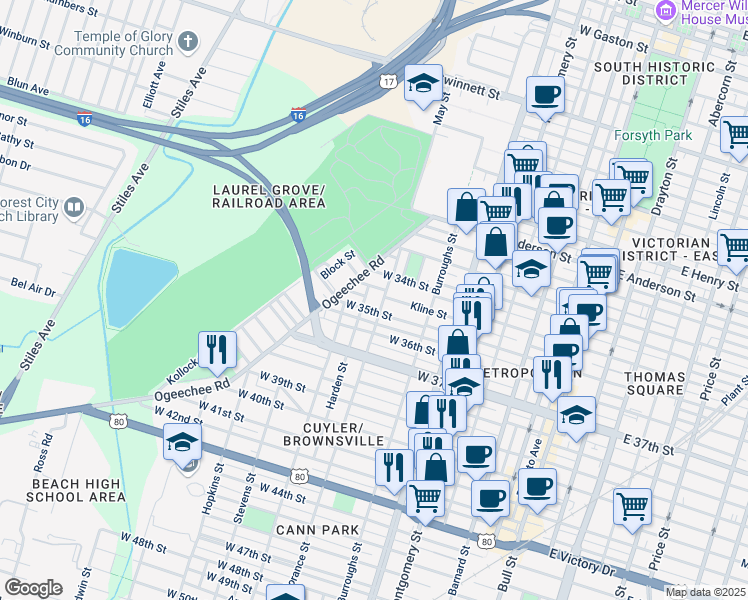 map of restaurants, bars, coffee shops, grocery stores, and more near 1901 Florance Street in Savannah