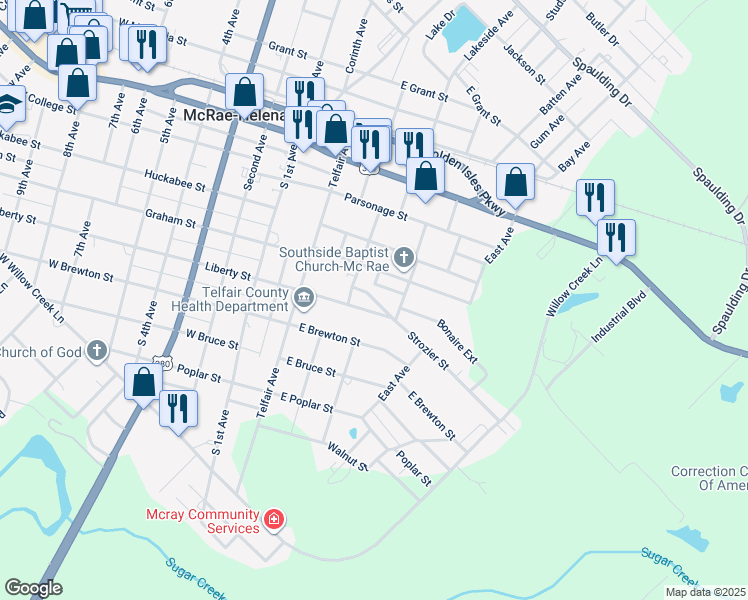 map of restaurants, bars, coffee shops, grocery stores, and more near 19 Strozier Street in McRae-Helena