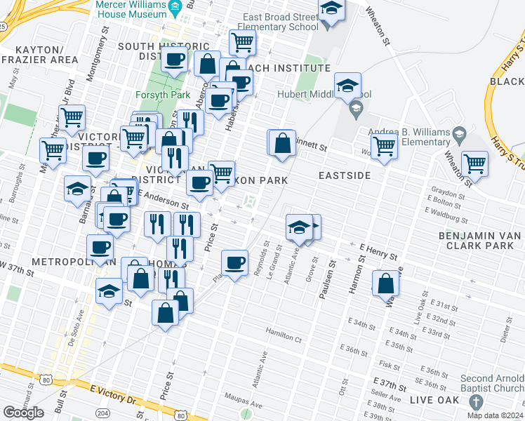 map of restaurants, bars, coffee shops, grocery stores, and more near 612 East Henry Street in Savannah