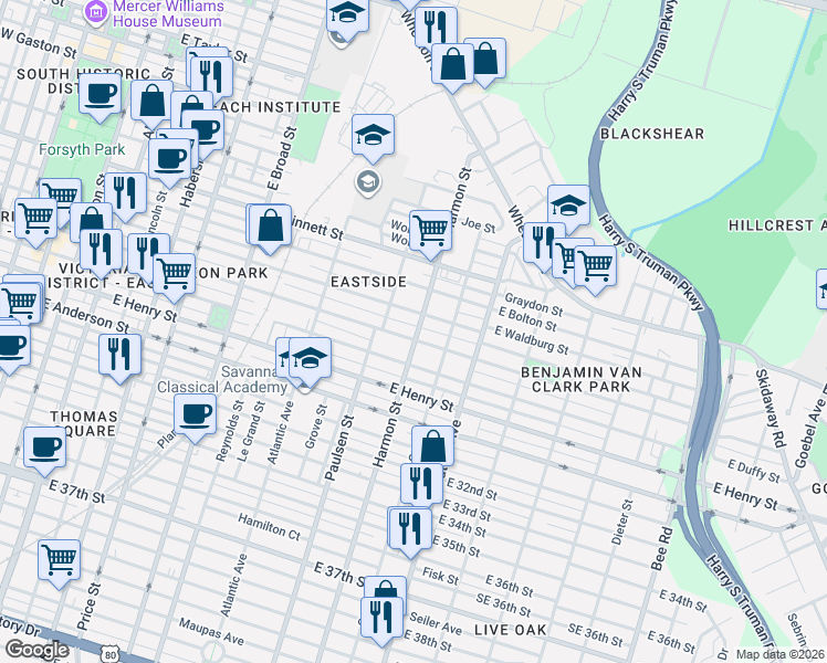 map of restaurants, bars, coffee shops, grocery stores, and more near 815 East Park Avenue in Savannah