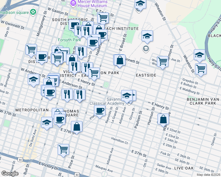 map of restaurants, bars, coffee shops, grocery stores, and more near 613 East Henry Street in Savannah