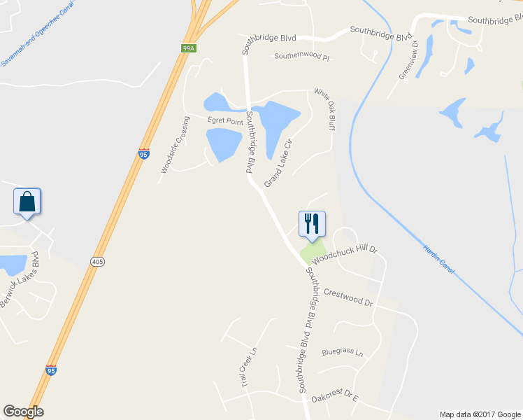 map of restaurants, bars, coffee shops, grocery stores, and more near 802 Southbridge Boulevard in Savannah