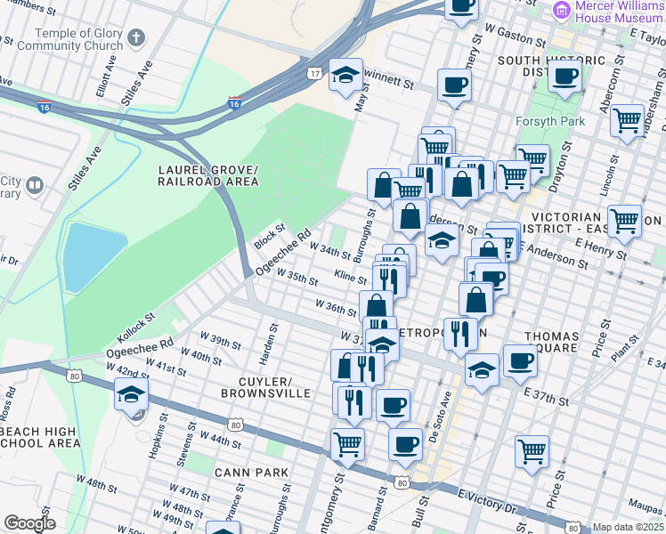 map of restaurants, bars, coffee shops, grocery stores, and more near 617 Kline Street in Savannah