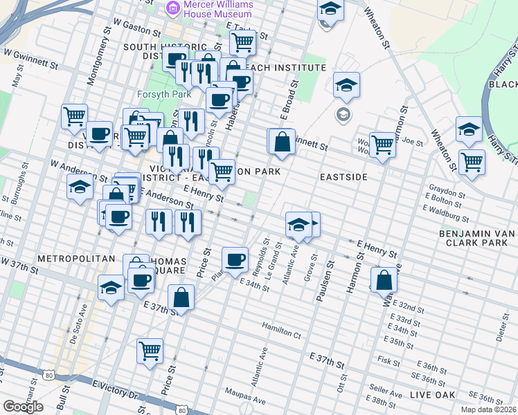 map of restaurants, bars, coffee shops, grocery stores, and more near 613 East Henry Street in Savannah