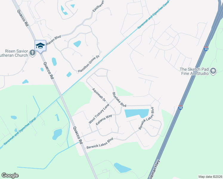 map of restaurants, bars, coffee shops, grocery stores, and more near 128 Bluelake Boulevard in Pooler