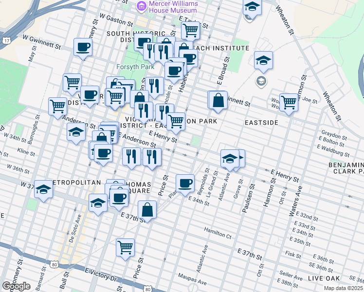 map of restaurants, bars, coffee shops, grocery stores, and more near 530 East Anderson Street in Savannah