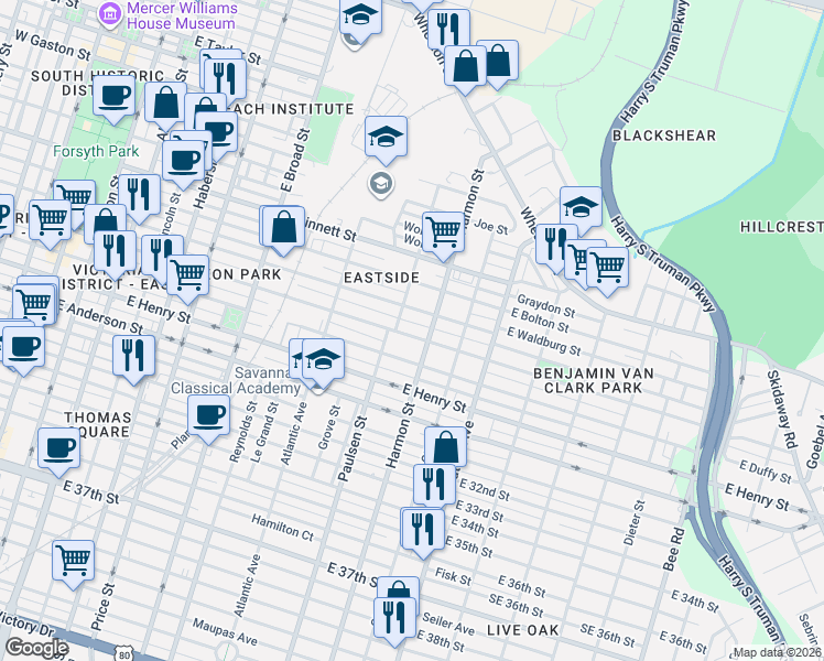 map of restaurants, bars, coffee shops, grocery stores, and more near 815 East Park Avenue in Savannah