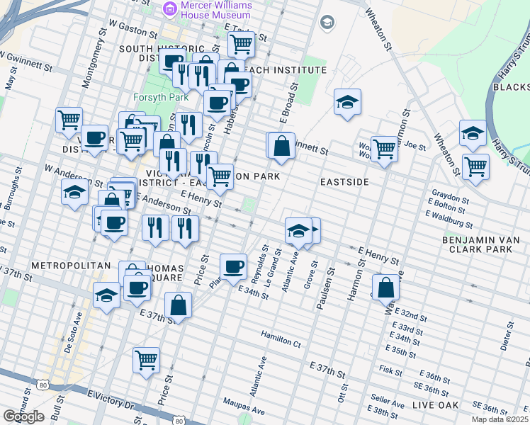 map of restaurants, bars, coffee shops, grocery stores, and more near 613 East Henry Street in Savannah