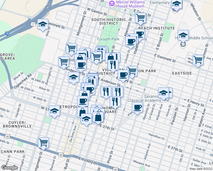 map of restaurants, bars, coffee shops, grocery stores, and more near 203 East 31st Street in Savannah