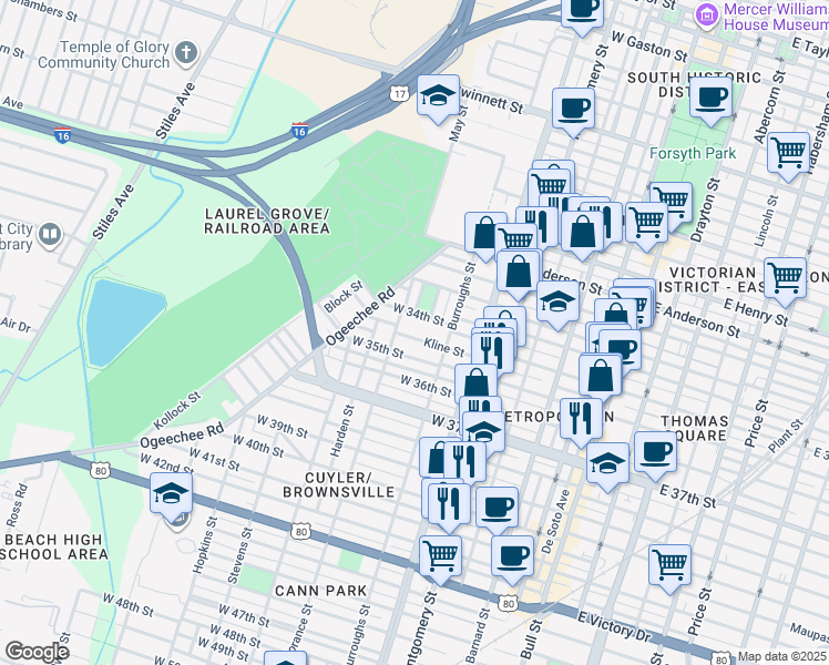 map of restaurants, bars, coffee shops, grocery stores, and more near 617 Kline Street in Savannah