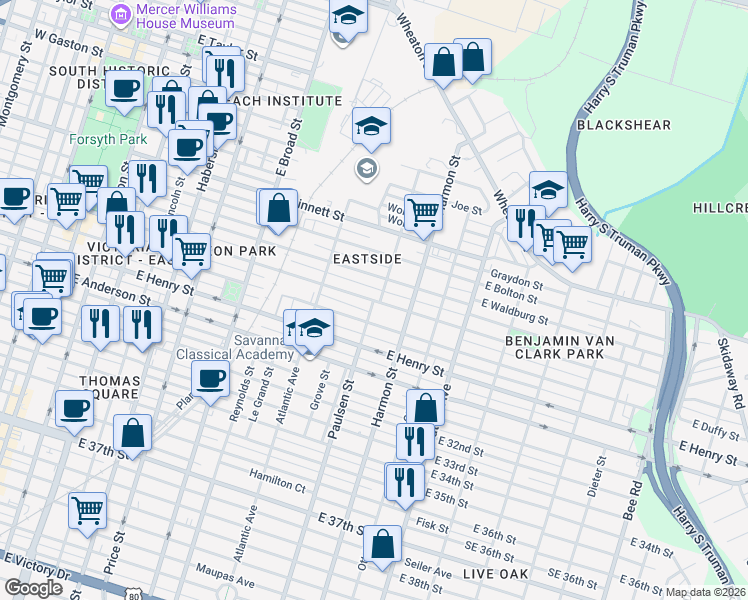 map of restaurants, bars, coffee shops, grocery stores, and more near East Park Avenue in Savannah